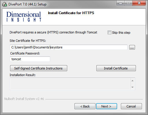 The dialog for installing the certificate with example information.